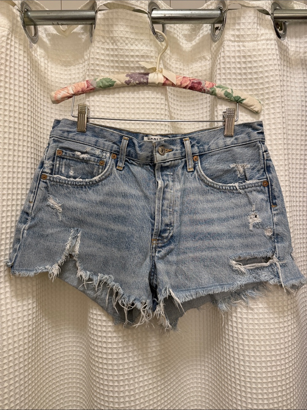 Agolde Light Blue Heavily Distressed Cutoff Denim Shorts - size 28